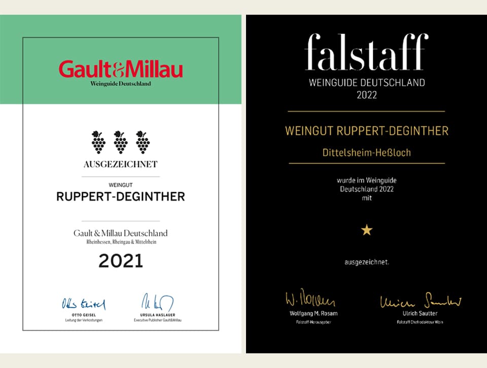 Urkunde von Gault&MIllau 2021 und Falstaff 2022– Weingut Ruppert-Deginther erhält Auszeichnungen mit drei Trauben und einem Stern