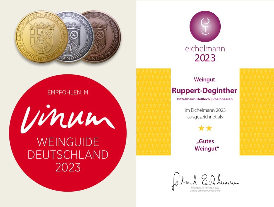 Exemplarische Auszeichnungen fürs Weingut Ruppert-Deginther 2023 von der Landwirtschaftskammer Rheinland-Pfalz, vom Vinum Weinguide Deutschland und von eichelmann.