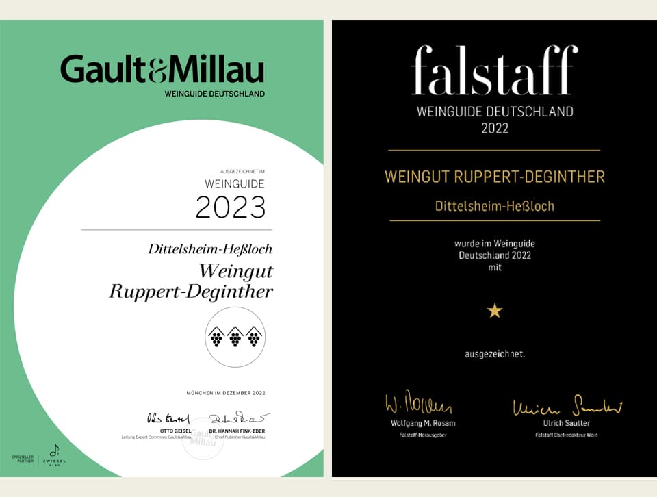 Exemplarische Auszeichnungen für das Weingut Ruppert-Deginther von Gault&Millau und falstaff