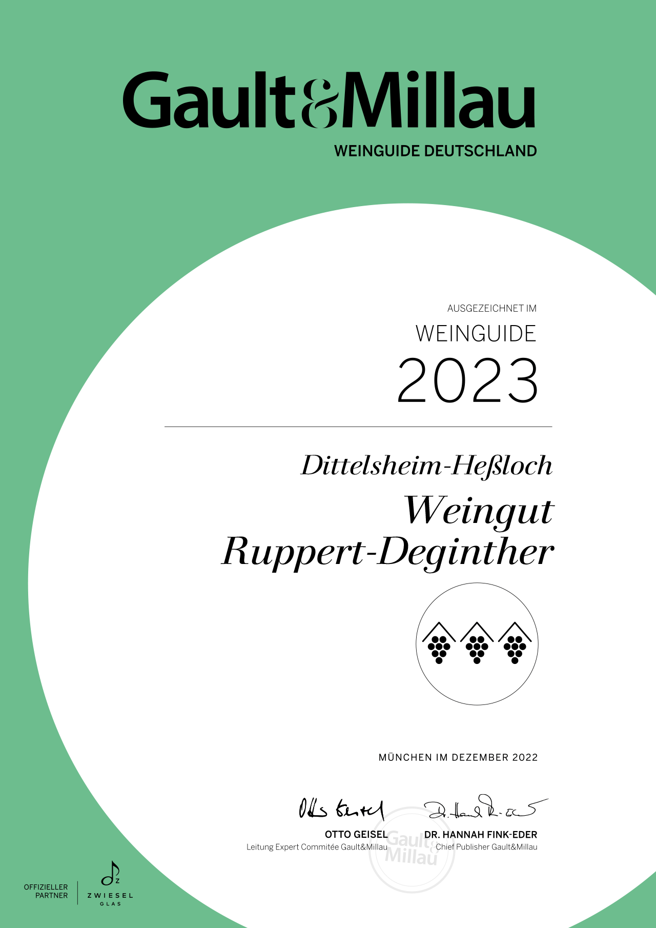 Die Urkunde für Ruppert-Deginther mit der Auszeichnung "3 Trauben" im Gault&Millau 2023. Das bedeutet "Sehr gutes Weingut".
