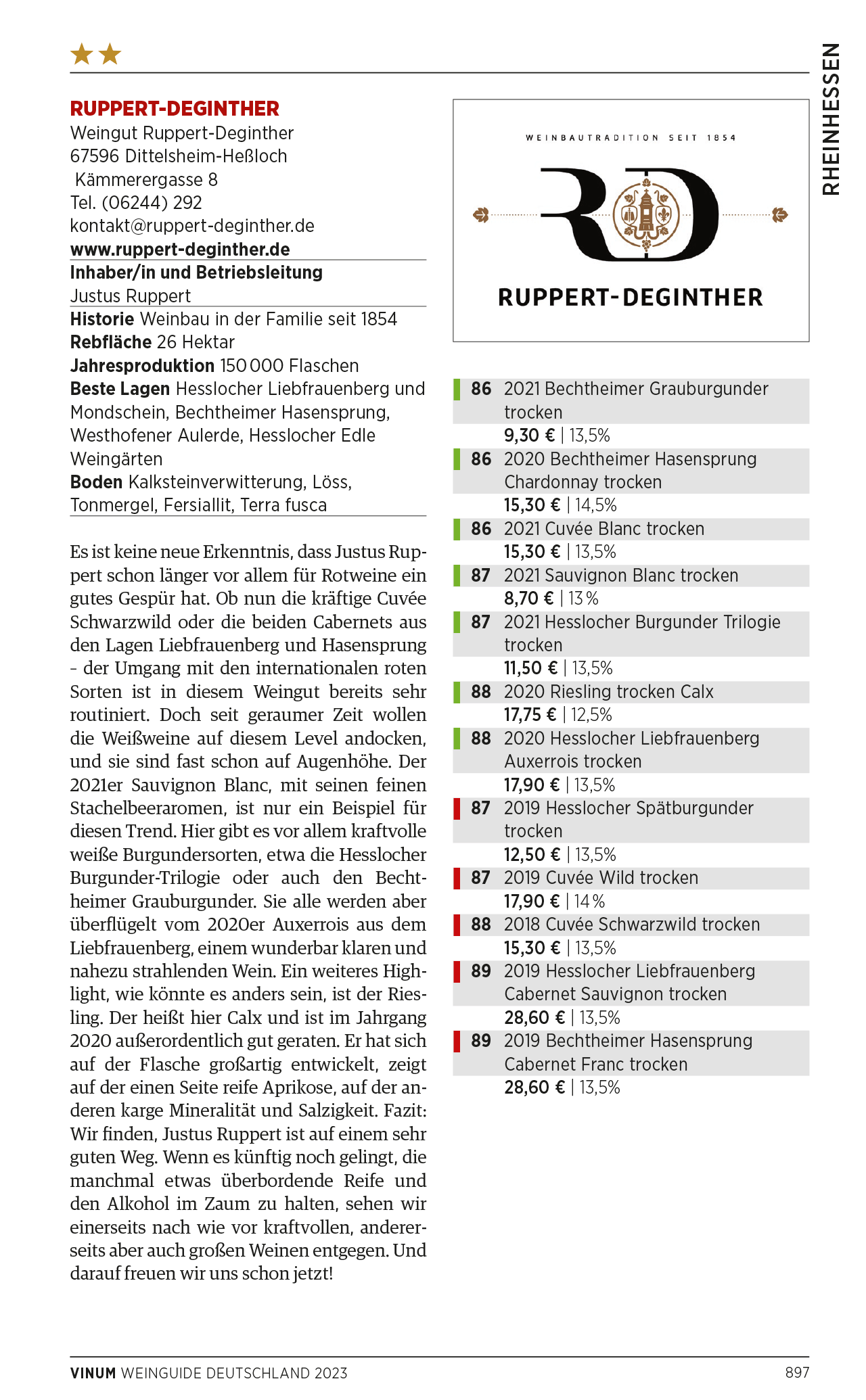 VINUM Weinbewertung 2023 – 12 Weine von Ruppert-Deginther erreichen zwischen 86 und 89 von 100 möglichen Punkten