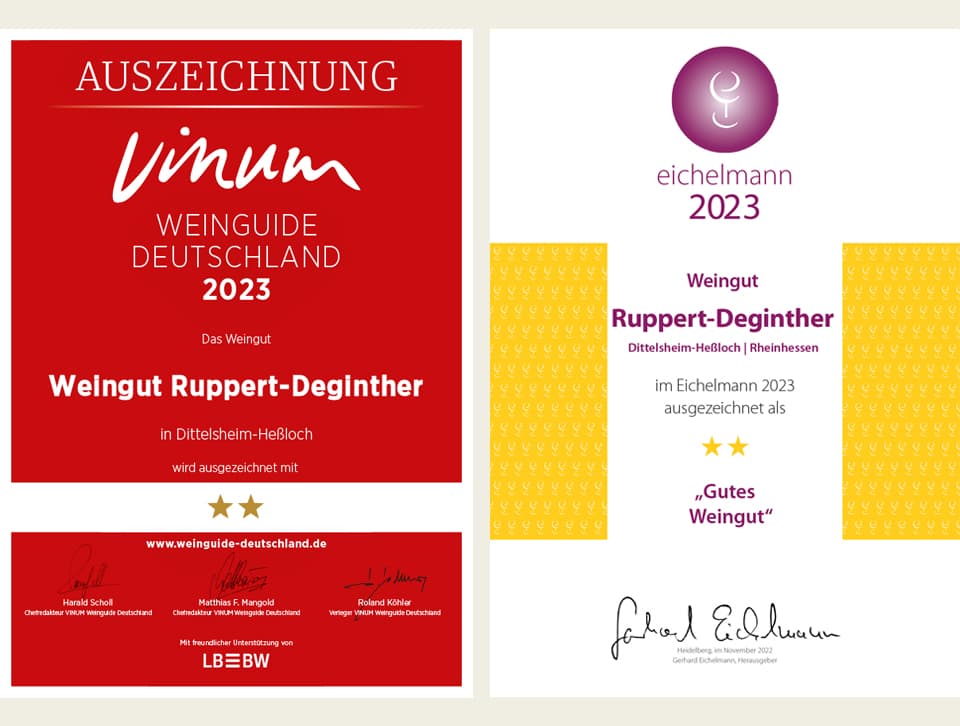 Exemplarische Auszeichnungen fürs Weingut Ruppert-Deginther 2023 von der Landwirtschaftskammer Rheinland-Pfalz, vom Vinum Weinguide Deutschland und von eichelmann.