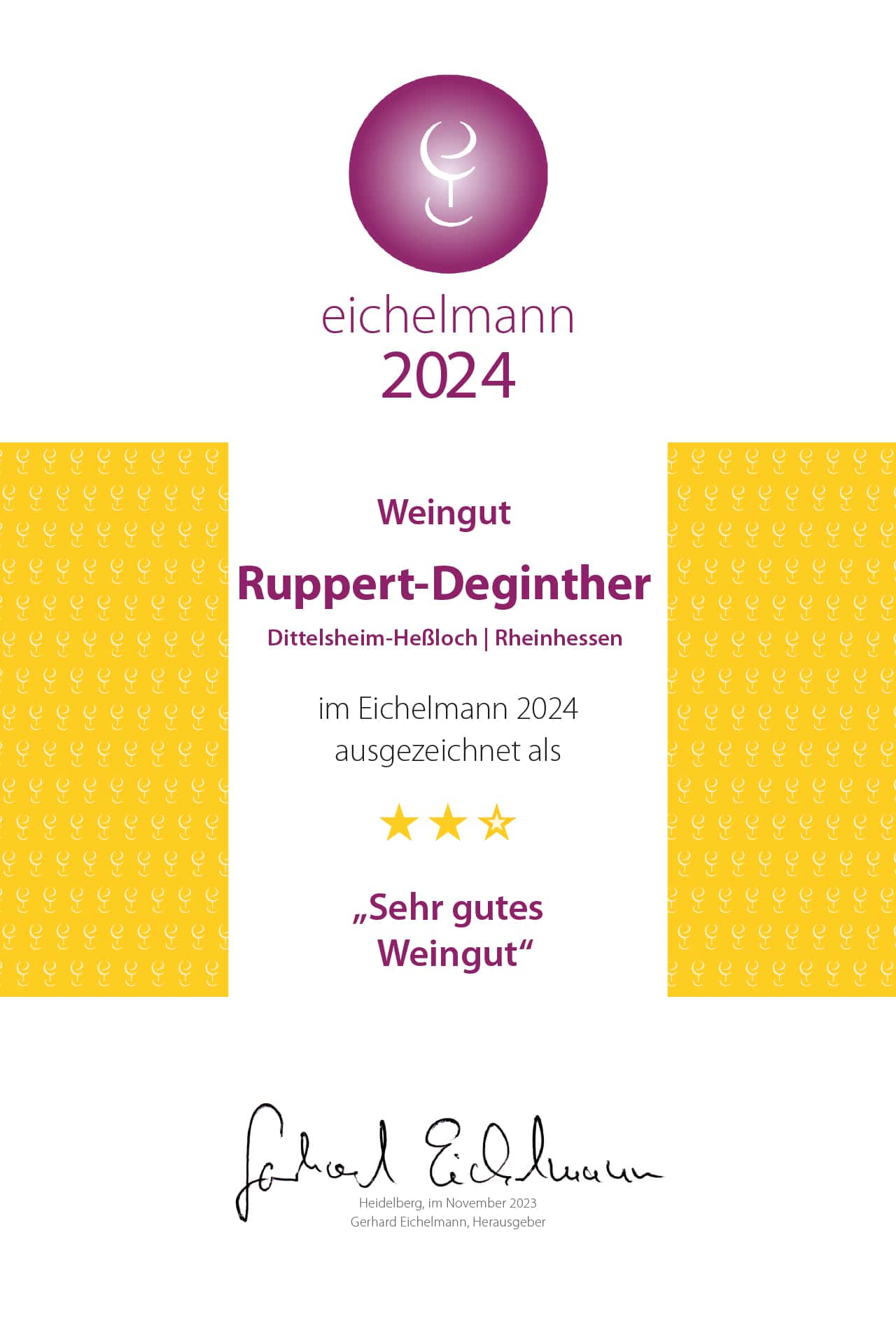 Die Auszeichnung bzw. Urkunde vom eichelmann 2024 als "Sehr gutes Weingut"