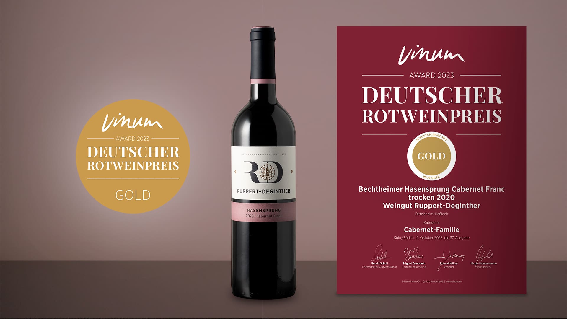 Abbildung des mit einer Goldmedaille beim Deutschen Rotweinpreis 2023 ausgezeichneten 2022er Cabernet Franc von Ruppert-Deginther