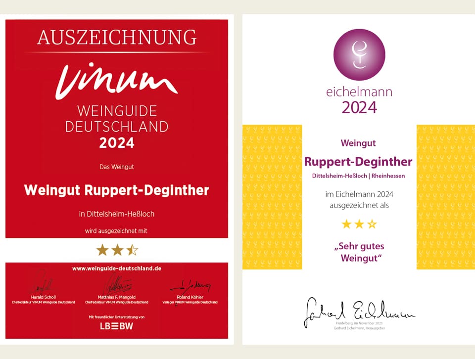 Exemplarische Auszeichnungen fürs Weingut Ruppert-Deginther 2024 vom Vinum Weinguide Deutschland und von eichelmann.