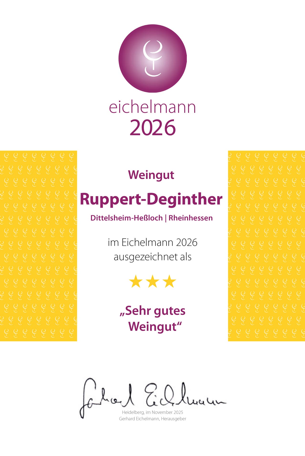 Die Auszeichnung bzw. Urkunde vom eichelmann 2026 als "Sehr gutes Weingut" mit drei Sternen
