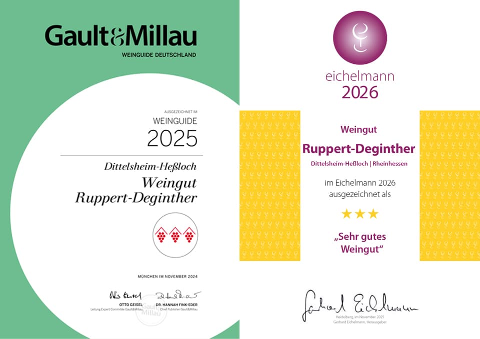 Exemplarische Auszeichnungen für das Weingut Ruppert-Deginther von Gault&Millau 2025 und eichelmann 2026