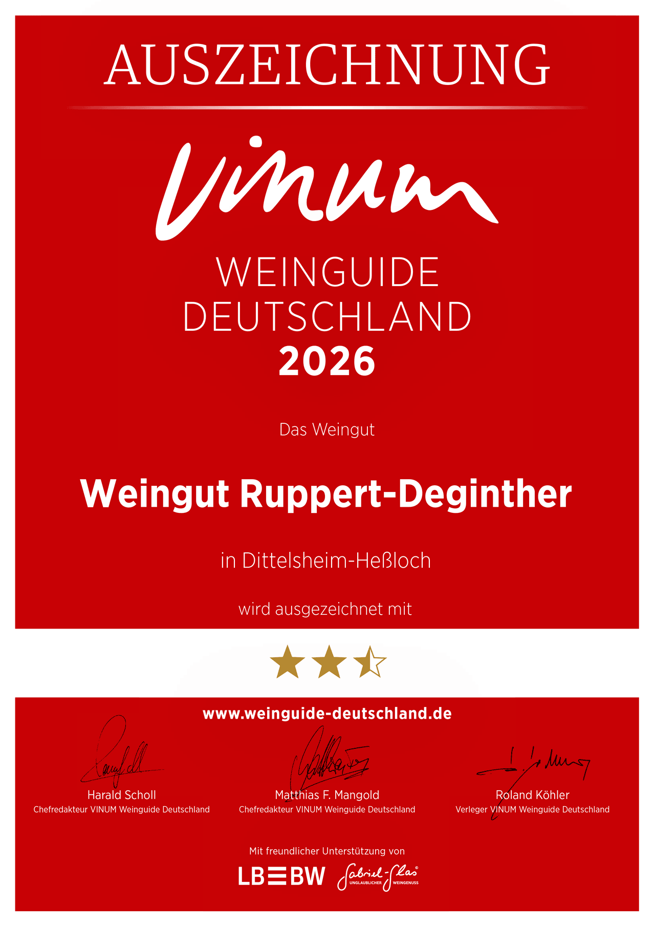 Urkunde vom VINUM Weinguide Deutschland 2026 | Auszeichnung für Ruppert-Deginther
