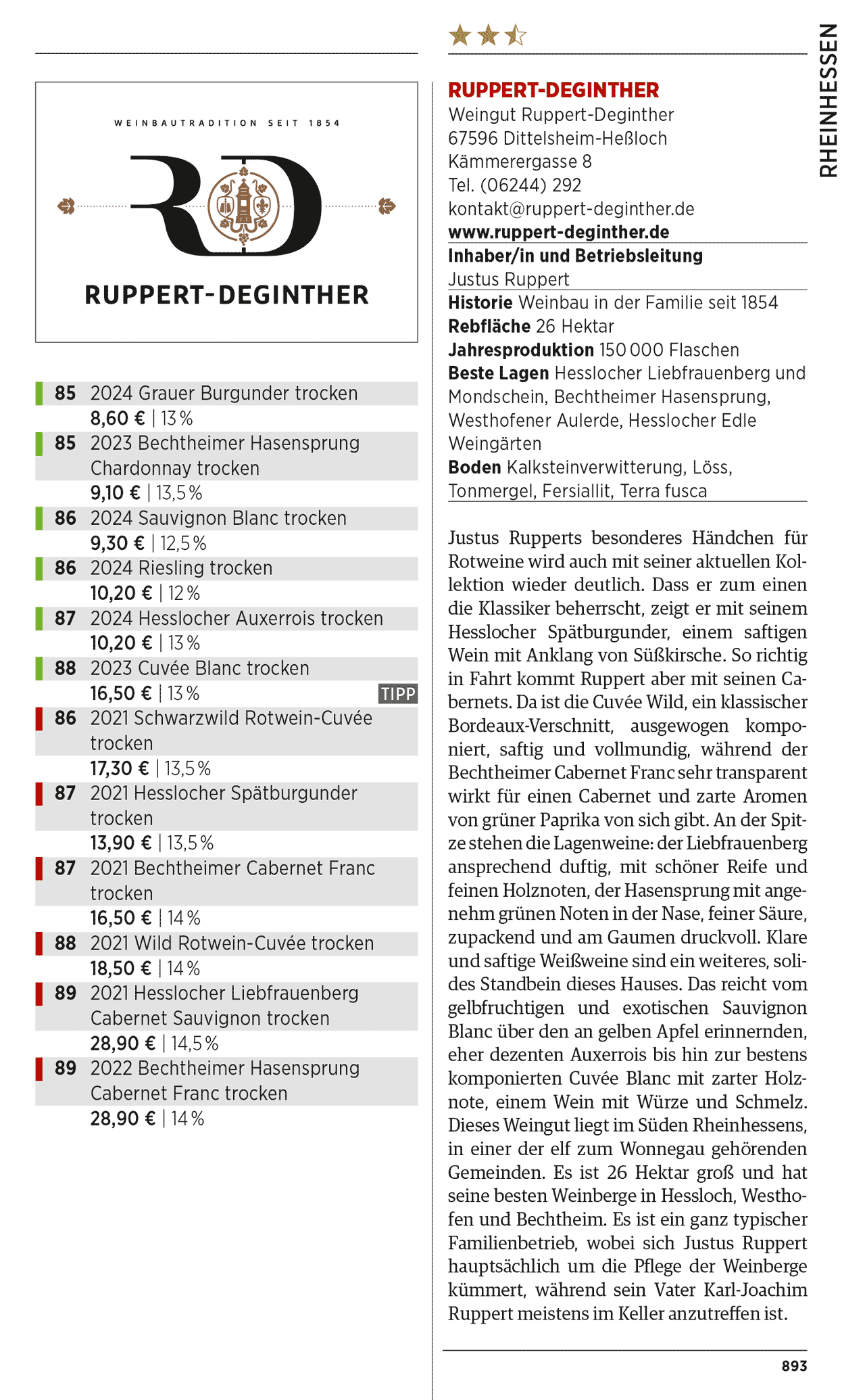 Weinbewertung vom VINUM Weinguide Deutschland 2026 | Auszeichnung für Ruppert-Deginther | 12 Weine bewertet mit 85 bis 89 Punkten (von 100)
