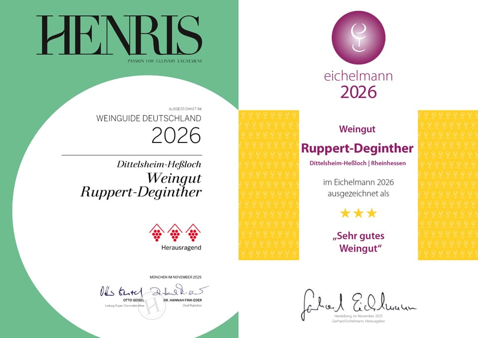 Exemplarische Auszeichnungen für das Weingut Ruppert-Deginther von HENRIS (ehemals Gault&Millau) 2026 und eichelmann 2026
